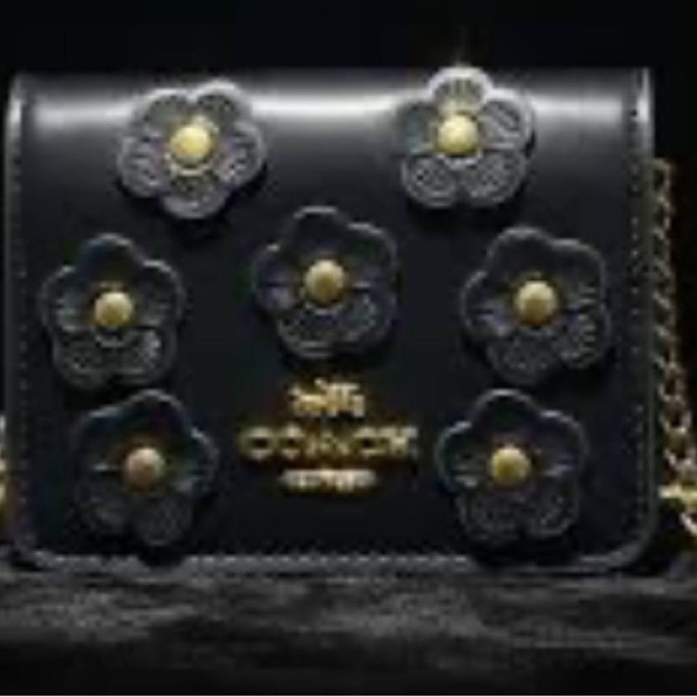 Coach Black Floral appliqué Crossbody Bag with Gold Chain comes in box - Picture 2 of 6